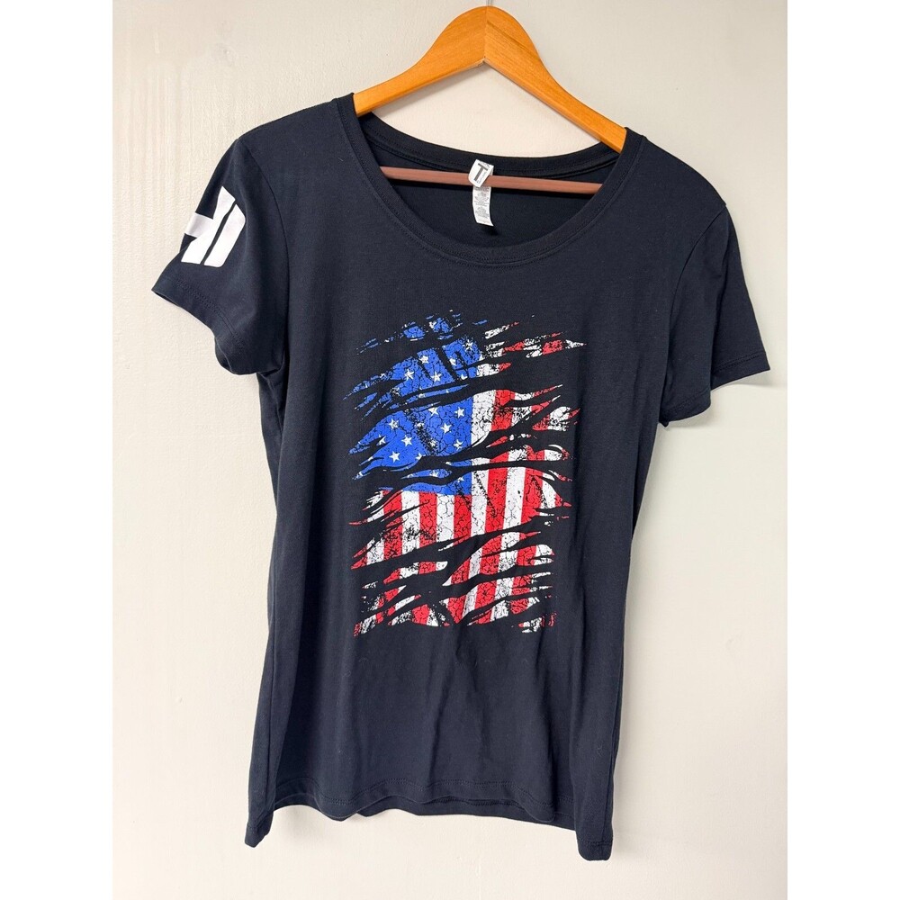 Next Level Womens Large Black Distressed American Flag Graphic T-Shirt